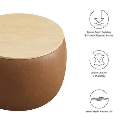 Perla Round Vegan Leather Ottoman, tan leather with wood grain veneer lid by HouseOfZazla on Tampa Home & Garden Store