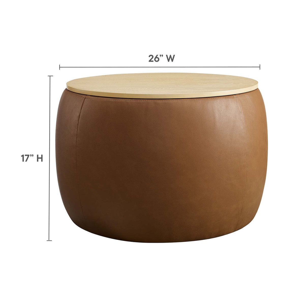 Perla Round Vegan Leather Storage Ottoman brown with light wood lid and gold trim 26in W on Tampa Home & Garden Store