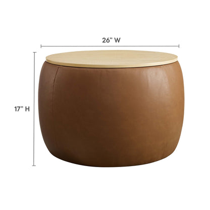 Perla Round Vegan Leather Storage Ottoman brown with light wood lid and gold trim 26in W on Tampa Home & Garden Store