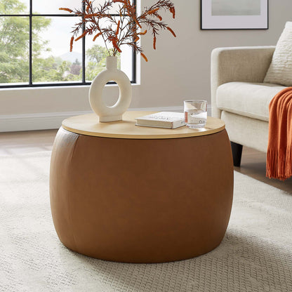 Perla Round Vegan Leather Storage Ottoman caramel brown hollow ring base HouseOfZazla on Tampa Home & Garden Store