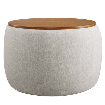 Perla round storage ottoman in woven heathered fabric with wood top beige upholstery on Tampa Home & Garden Store