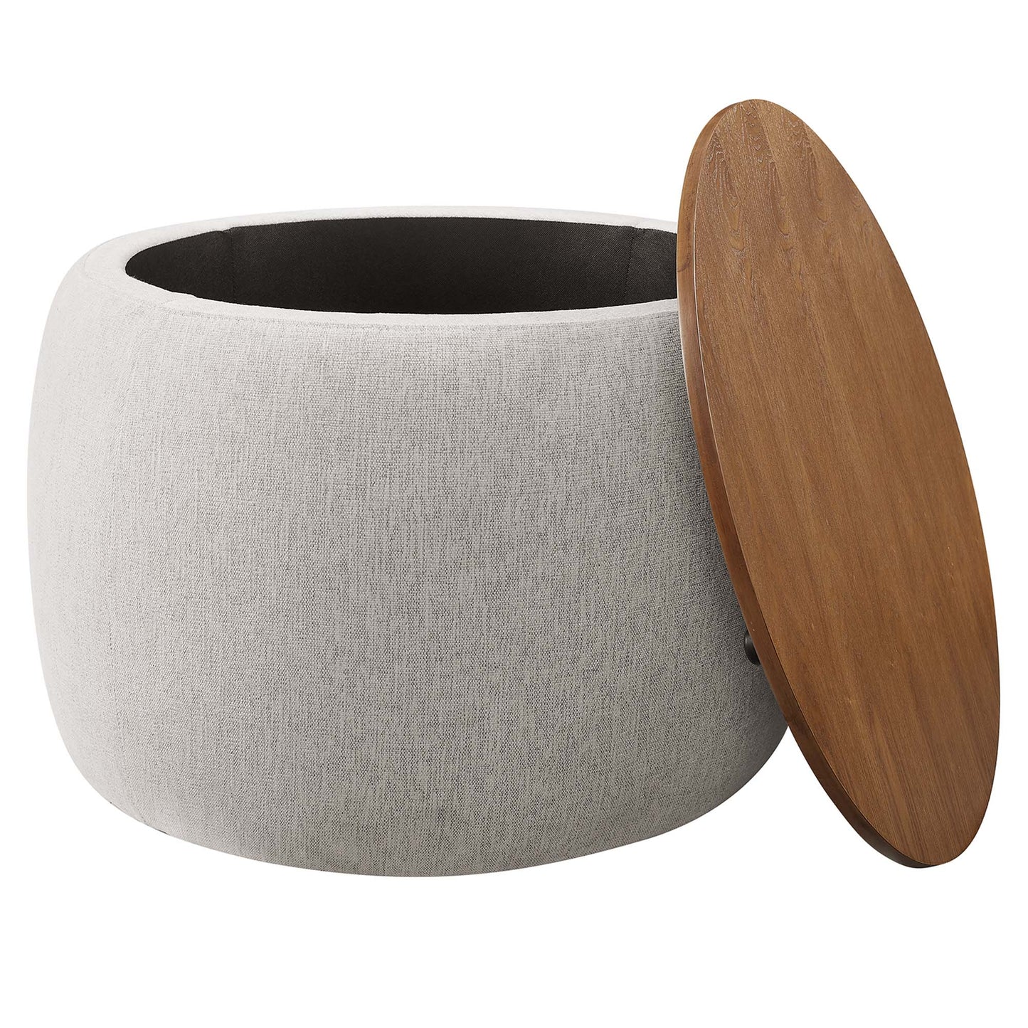 Perla storage ottoman with woven heathered fabric in light gray, black interior, wood side panel on Tampa Home & Garden Store