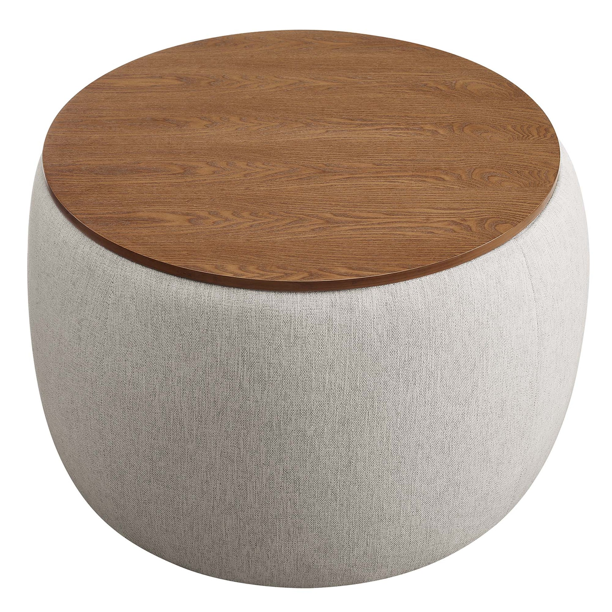 Perla woven storage ottoman with round warm wood top and light gray fabric base on Tampa Home & Garden Store