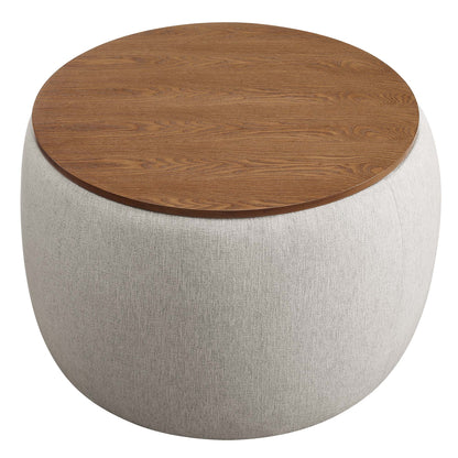 Perla woven storage ottoman with round warm wood top and light gray fabric base on Tampa Home & Garden Store