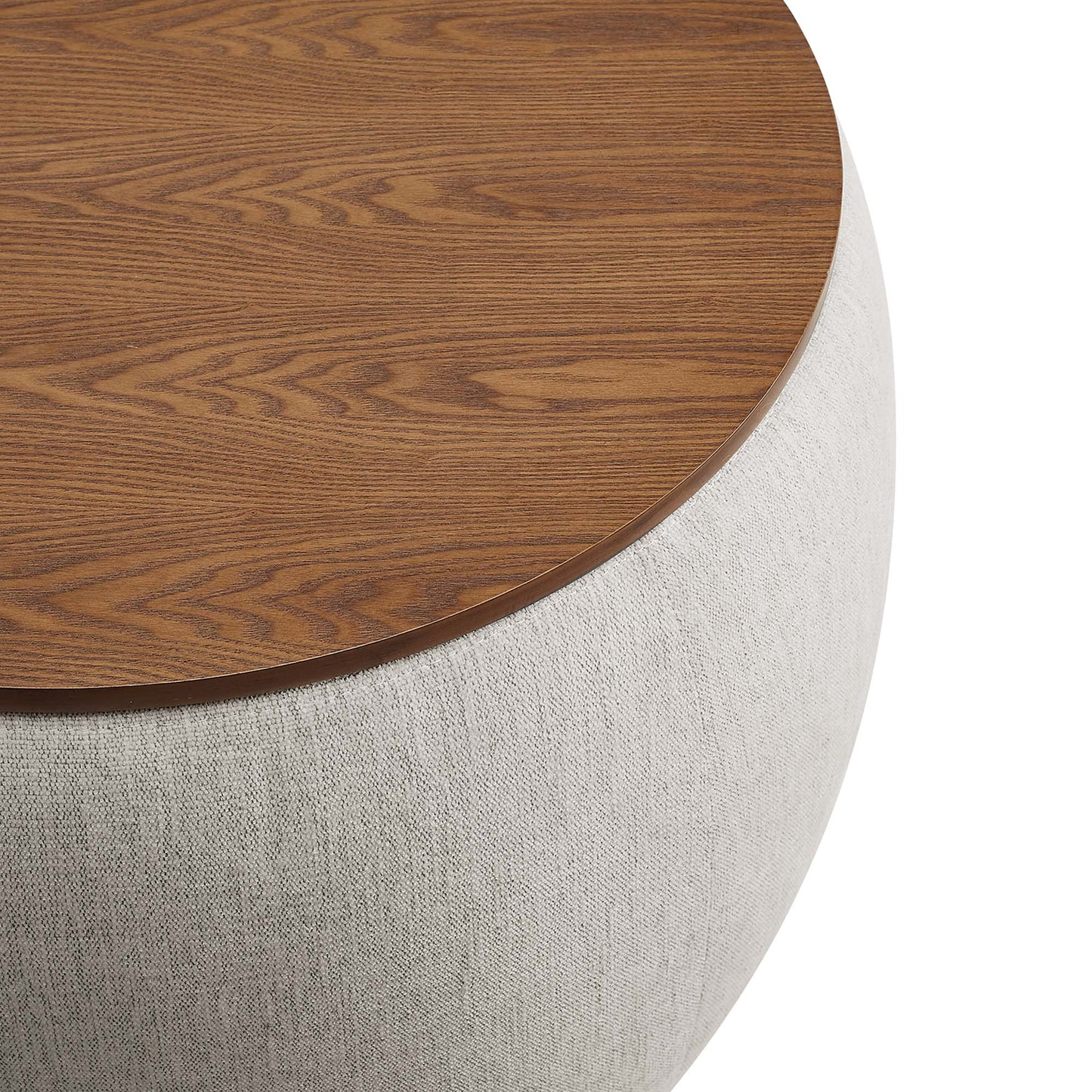 Perla Woven Heathered Fabric Upholstered Storage Ottoman round wood top with gray fabric base by HouseOfZazla on Tampa Home & Garden Store