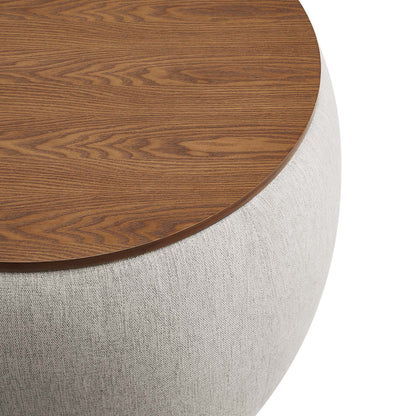 Perla Woven Heathered Fabric Upholstered Storage Ottoman round wood top with gray fabric base by HouseOfZazla on Tampa Home & Garden Store