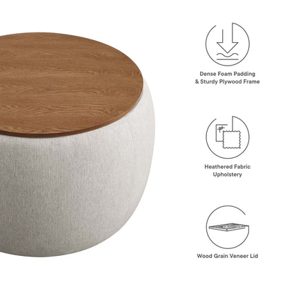 Perla Woven Heathered Fabric Upholstered Storage Ottoman with Wood Grain Veneer Lid, round on Tampa Home & Garden Store