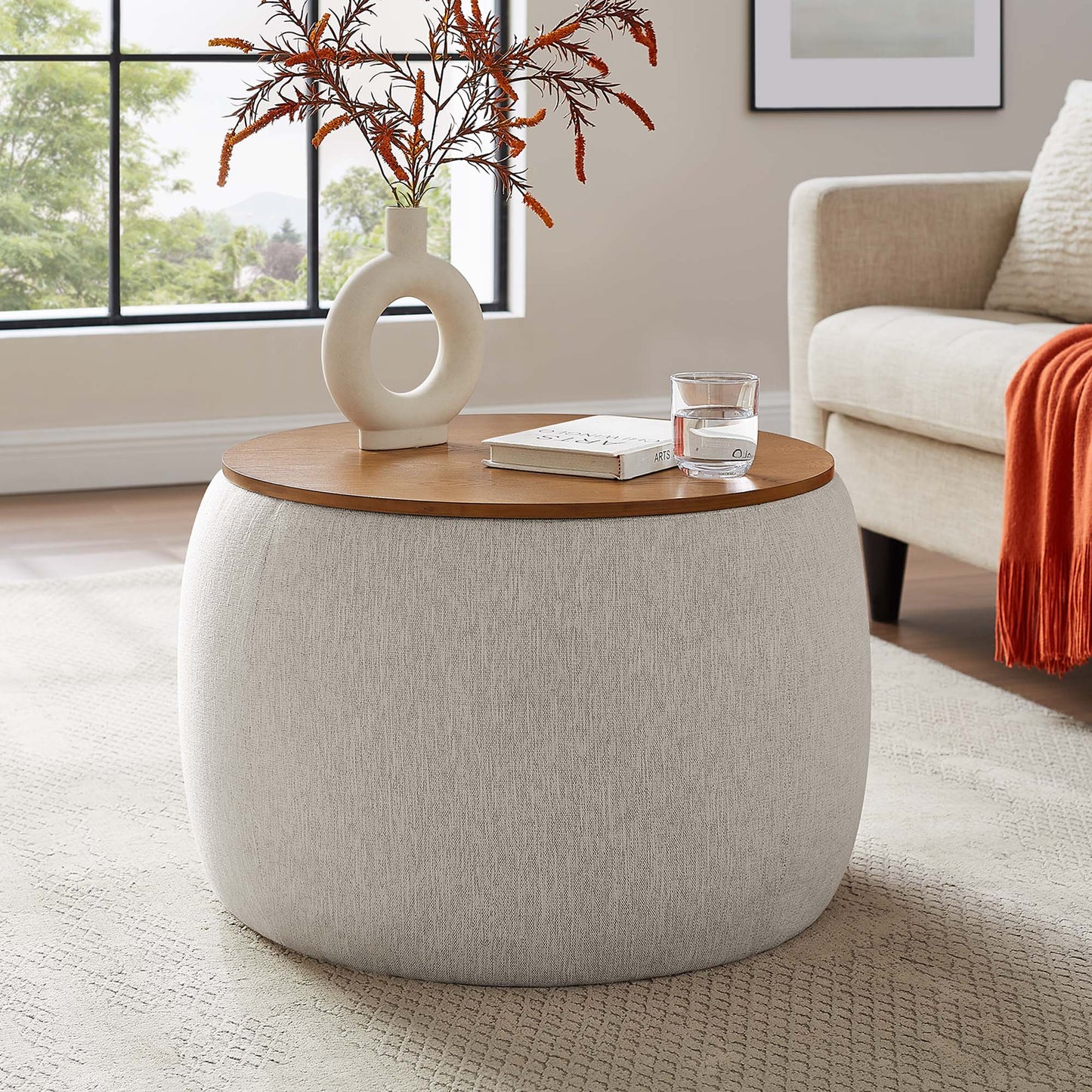 Perla Woven Heathered Upholstered Storage Ottoman by Modway, beige fabric with round wood top on Tampa Home & Garden Store
