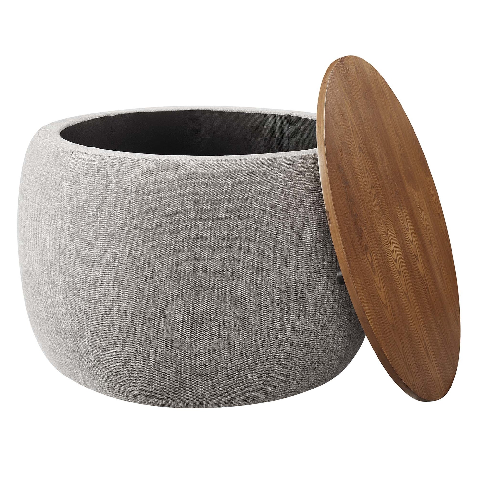 Perla Woven Heathered Fabric Upholstered Storage Ottoman round gray with wood lid by HouseOfZazla on Tampa Home & Garden Store