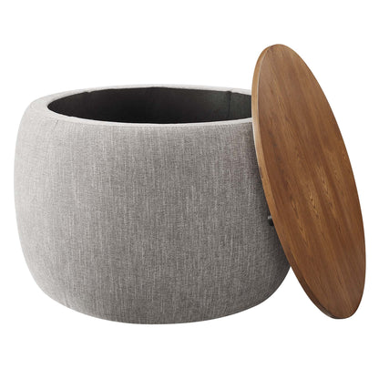 Perla Woven Heathered Fabric Upholstered Storage Ottoman round gray with wood lid by HouseOfZazla on Tampa Home & Garden Store