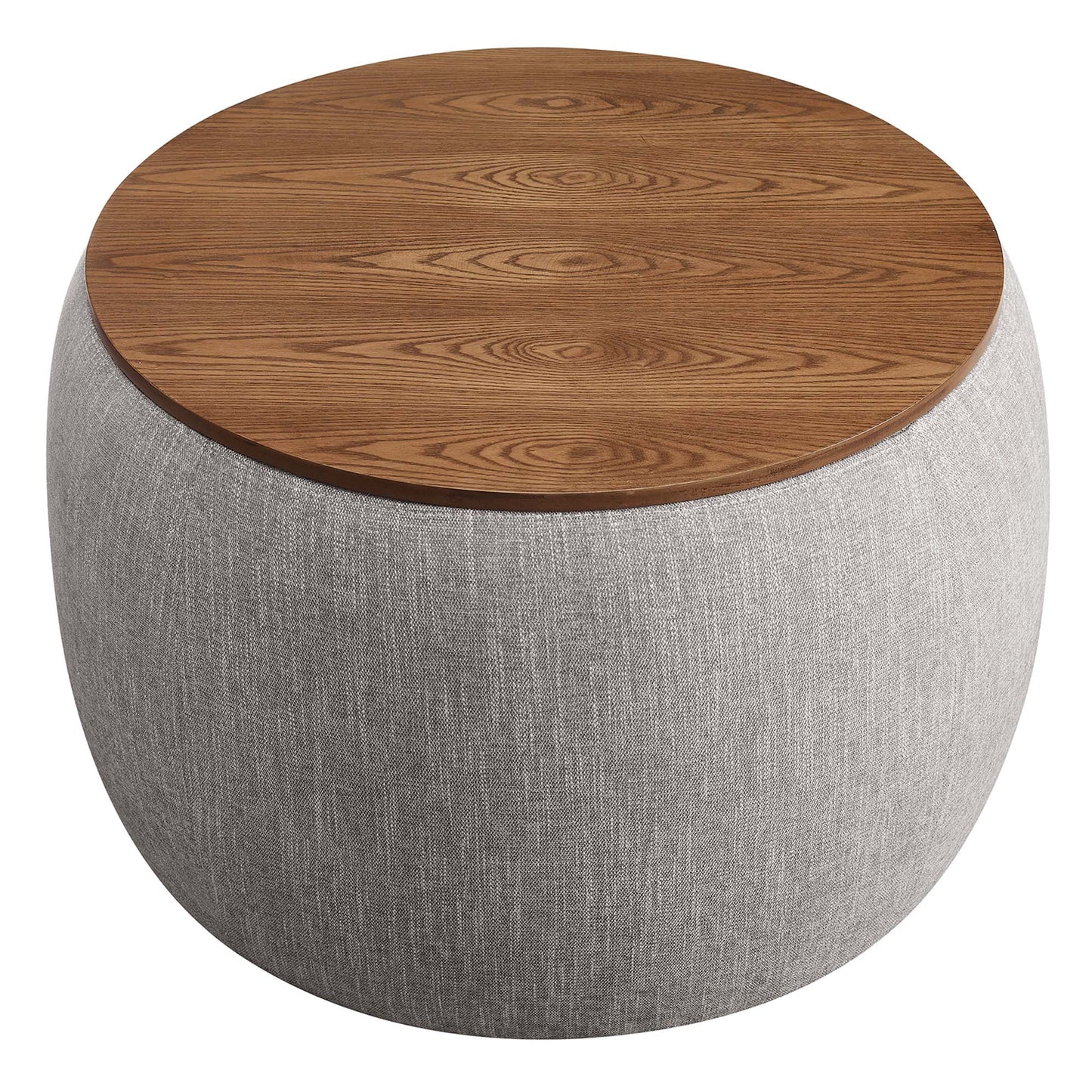 Perla woven heathered fabric upholstered storage ottoman with round wood top in gray on Tampa Home & Garden Store