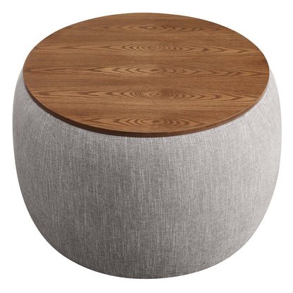 Perla woven heathered fabric upholstered storage ottoman with round wood top in gray on Tampa Home & Garden Store