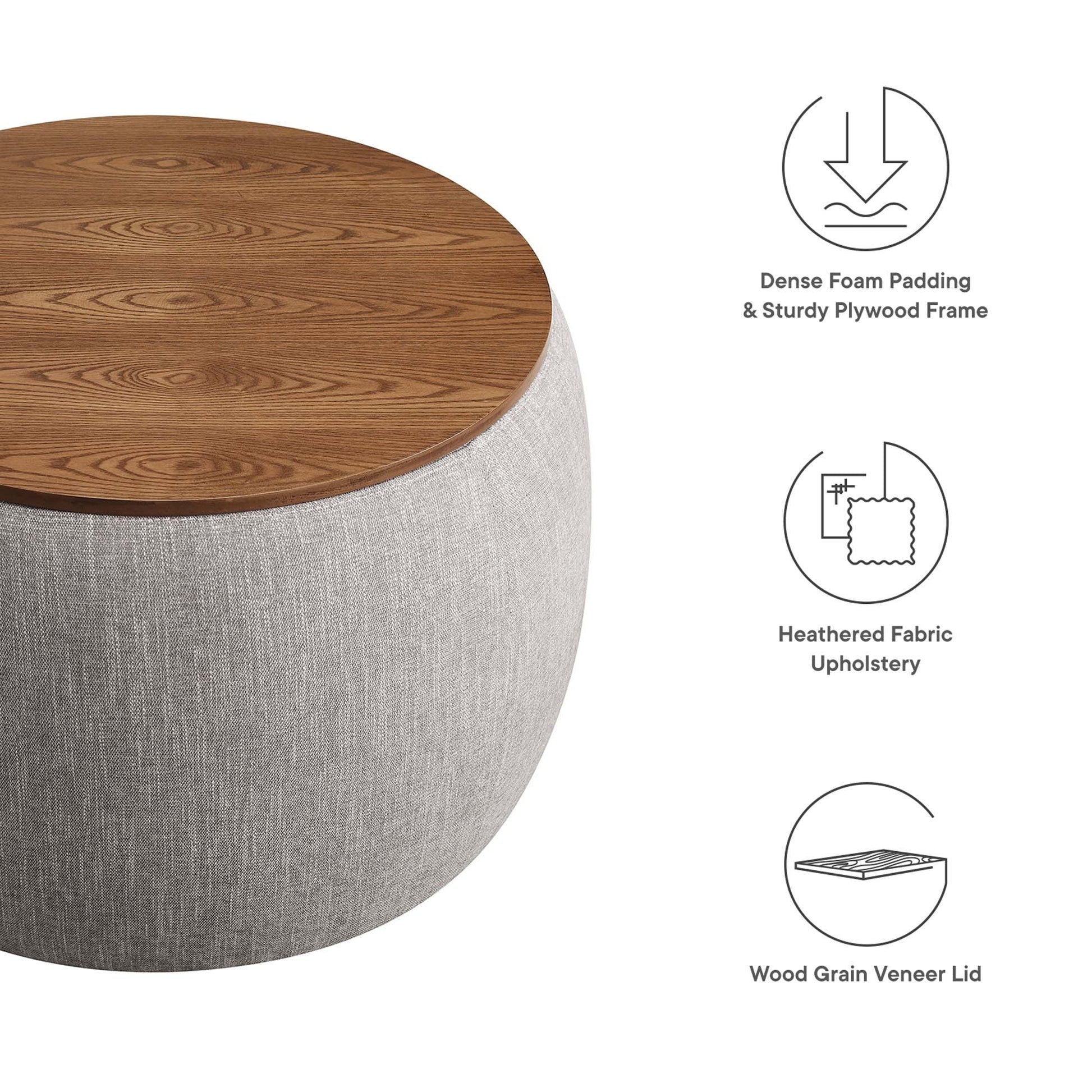 Perla Woven Heathered Fabric Upholstered Storage Ottoman with wood grain veneer lid on Tampa Home & Garden Store