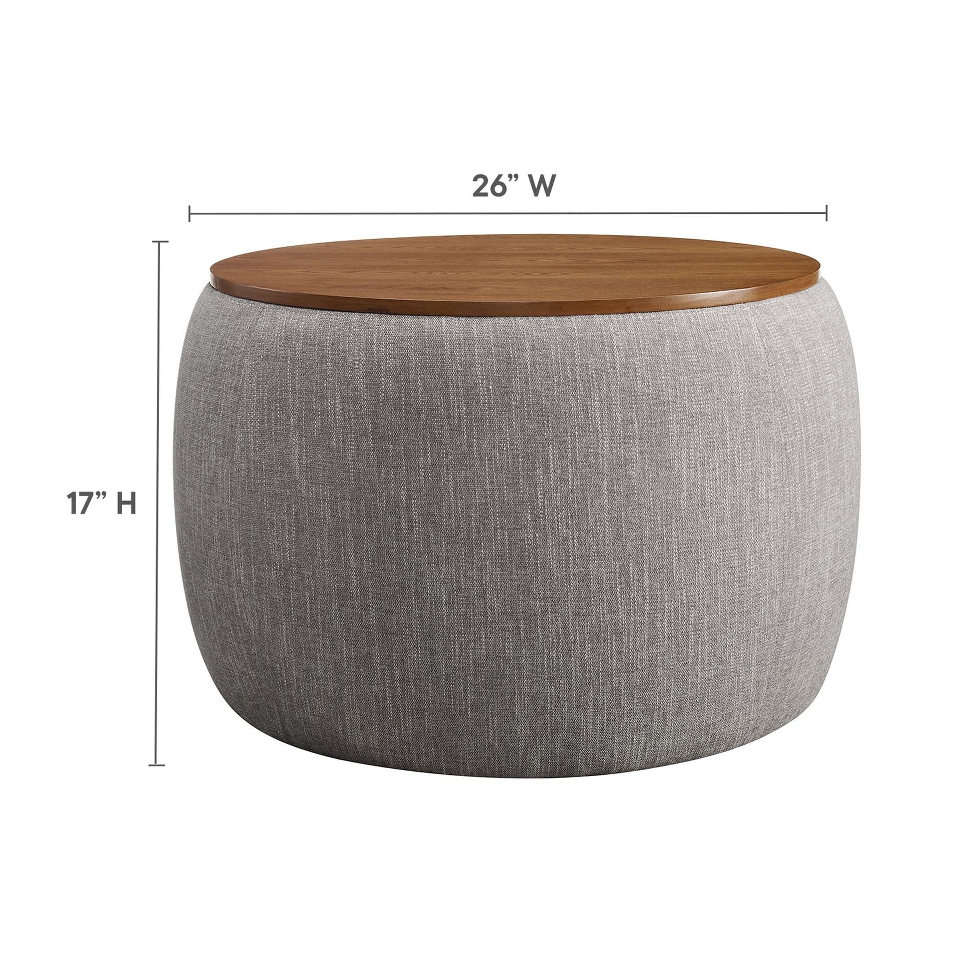 Perla Woven Heathered Fabric Upholstered Storage Ottoman round with wood-top in grey fabric on Tampa Home & Garden Store