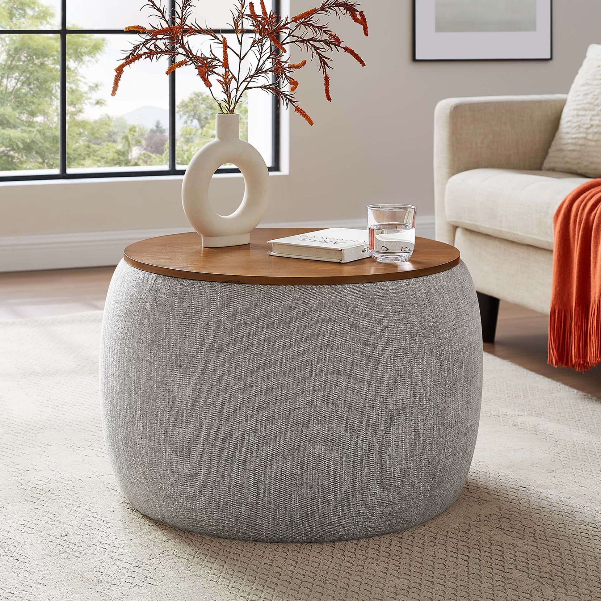 Modway Perla round storage ottoman in gray woven fabric with wood top for living room on Tampa Home & Garden Store