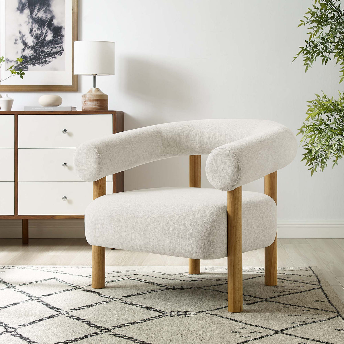 Sable Upholstered Fabric Armchair by Modway, beige fabric with wood legs in a bright living room on Tampa Home & Garden Store