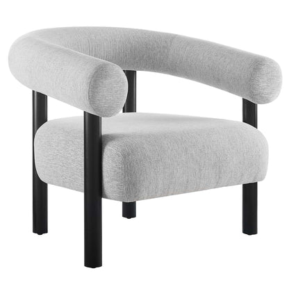 Sable upholstered fabric armchair in light gray with rounded armrests and black metal legs on Tampa Home & Garden Store