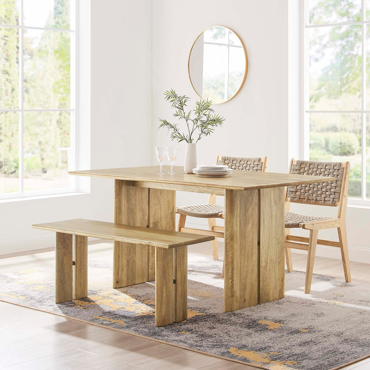 Amistad wood dining table and bench set by Modway in natural wood finish with woven chairs on Tampa Home & Garden Store