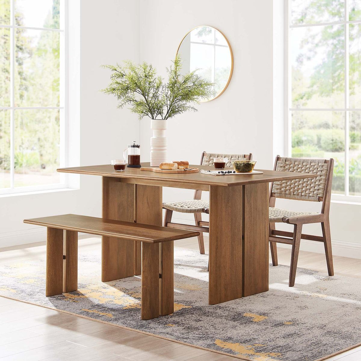 Amistad Wood Dining Table and Bench Set with bench and two woven chairs in warm brown on Tampa Home & Garden Store