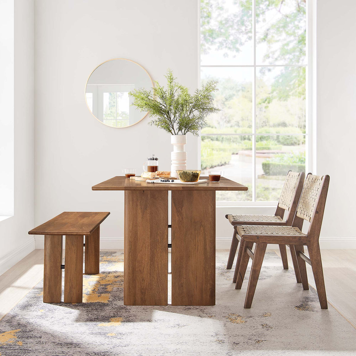 Modway Amistad wood dining table and bench set with woven-back chairs in warm brown finish on Tampa Home & Garden Store
