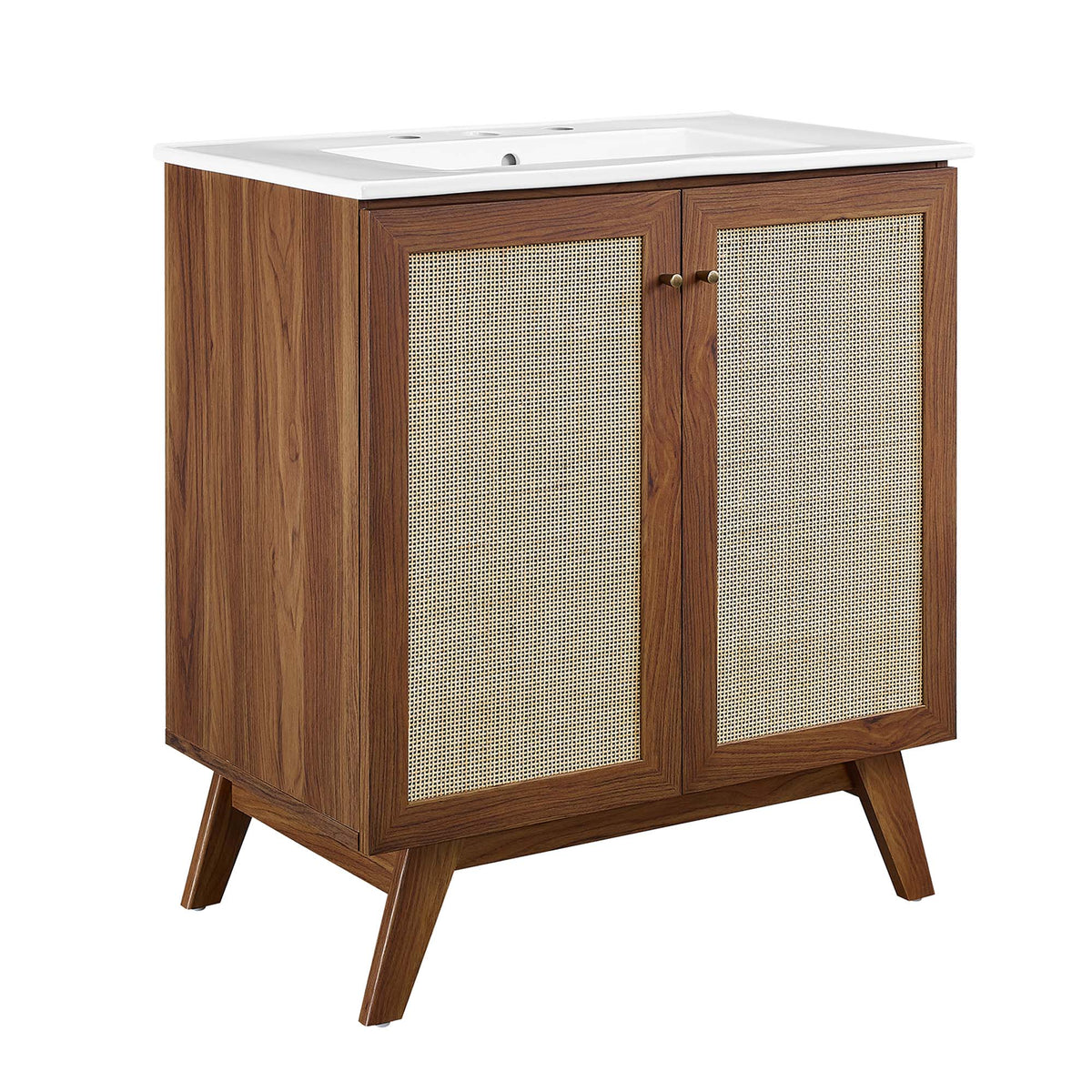 Soma Bathroom Vanity by Modway white countertop atop a wood table vanity with caned front panels and angled legs on Tampa Home & Garden Store