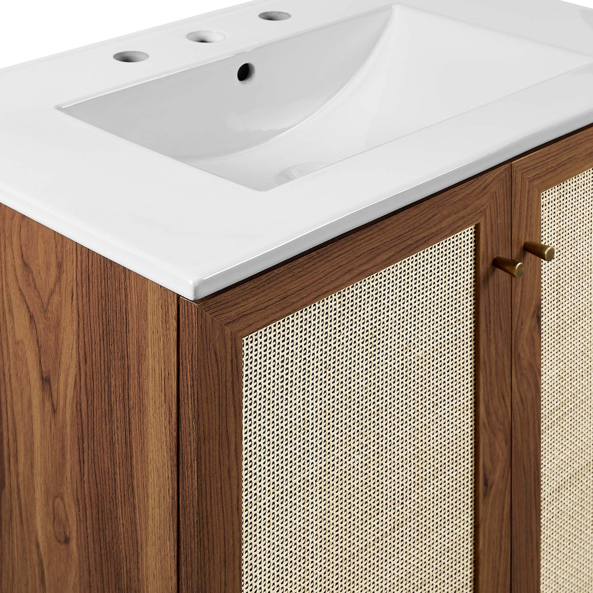 Soma Bathroom Vanity by Modway, white top with integrated sink, oak cane-front cabinet on Tampa Home & Garden Store