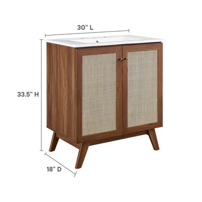Soma Bathroom Vanity by Modway, wooden table vanity with white top and cane-front doors on Tampa Home & Garden Store