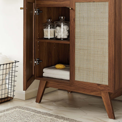 Soma Bathroom Vanity by Modway in walnut cane panel doors; jars of cotton and swabs on shelf on Tampa Home & Garden Store