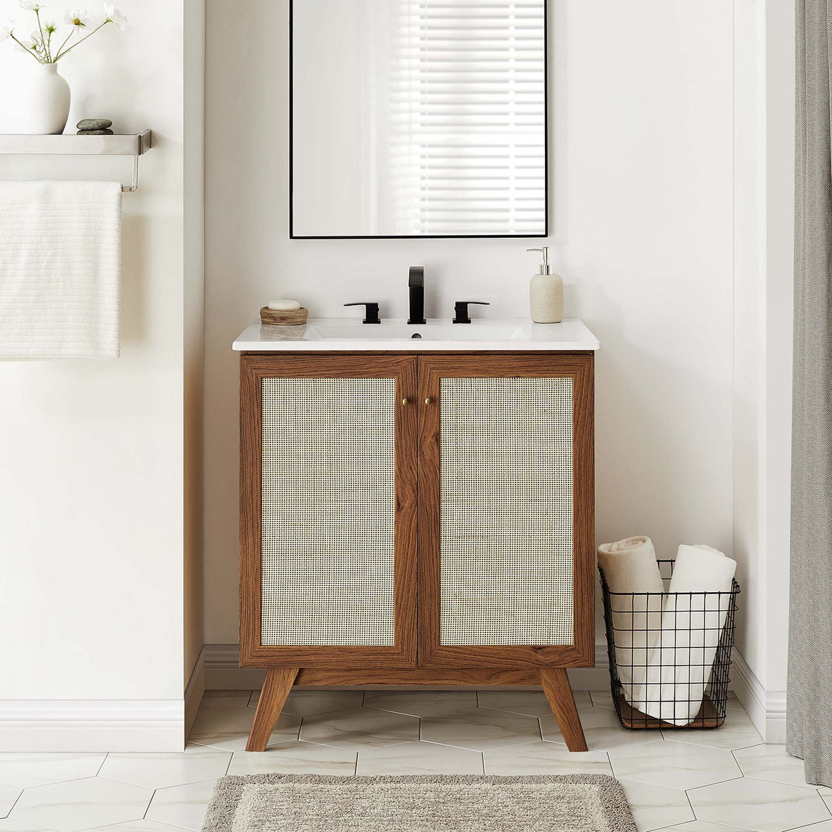 Soma Bathroom Vanity by Modway, wood table vanity with cane-front doors on Tampa Home & Garden Store