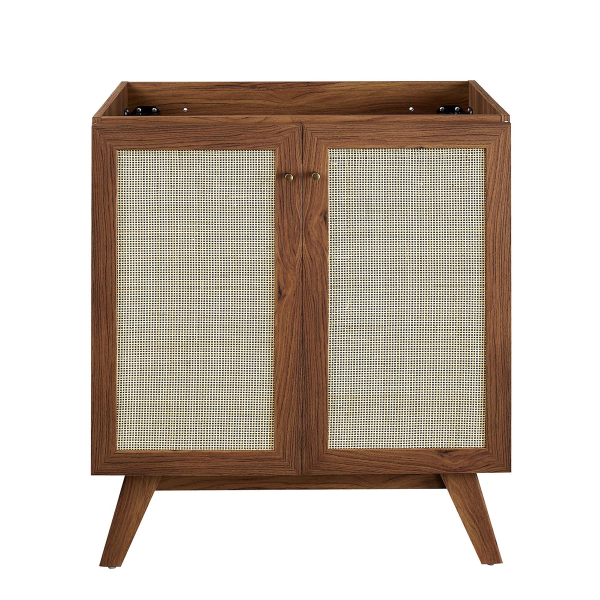 Soma Bathroom Vanity by Modway, walnut wood table vanity with cane-front doors and brass knobs on Tampa Home & Garden Store