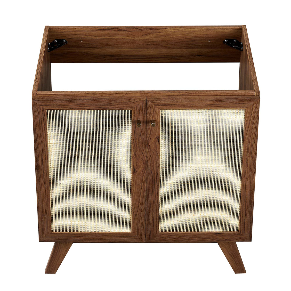 Soma bathroom vanity by Modway; walnut wood table with cane-woven cabinet doors and angled legs on Tampa Home & Garden Store