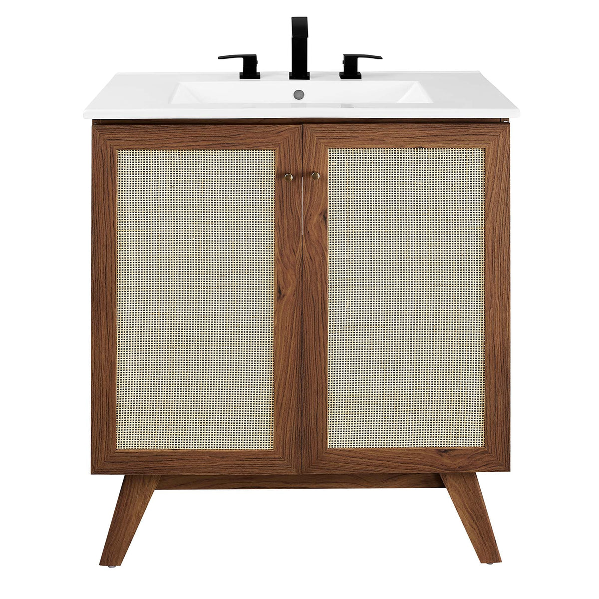 Soma table vanity with countertop on wood cabinet with canewoven doors and black faucet by Modway on Tampa Home & Garden Store