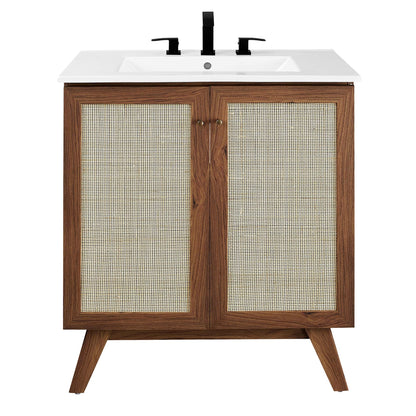 Soma table vanity with countertop on wood cabinet with canewoven doors and black faucet by Modway on Tampa Home & Garden Store