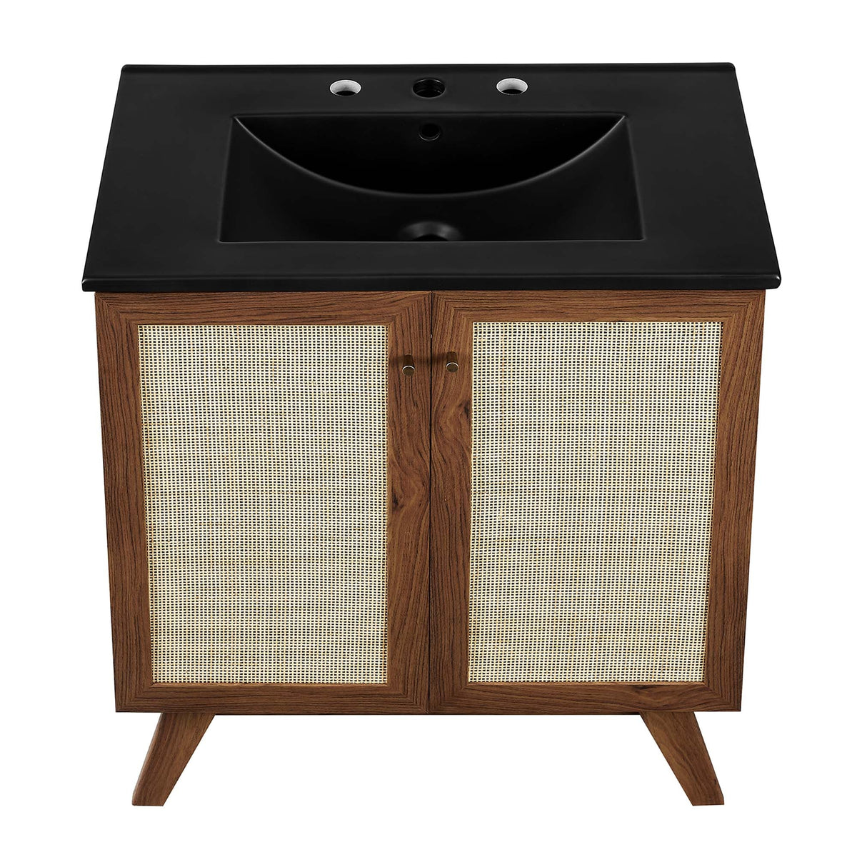 Soma bathroom vanity, black countertop, integrated sink, cane-woven cabinet doors on wood frame on Tampa Home & Garden Store