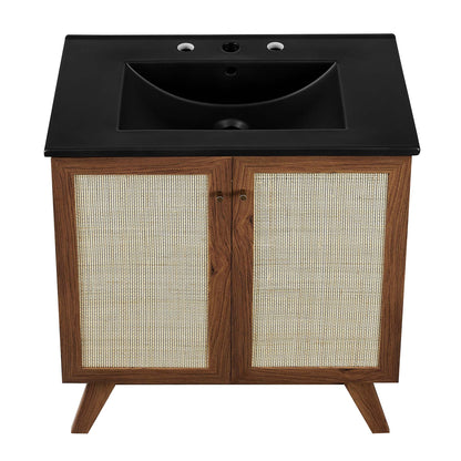 Soma bathroom vanity, black countertop, integrated sink, cane-woven cabinet doors on wood frame on Tampa Home & Garden Store