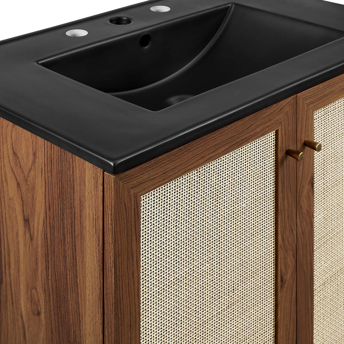 Soma Bathroom Vanity by Modway, black countertop atop wood cabinet with cane panels on Tampa Home & Garden Store