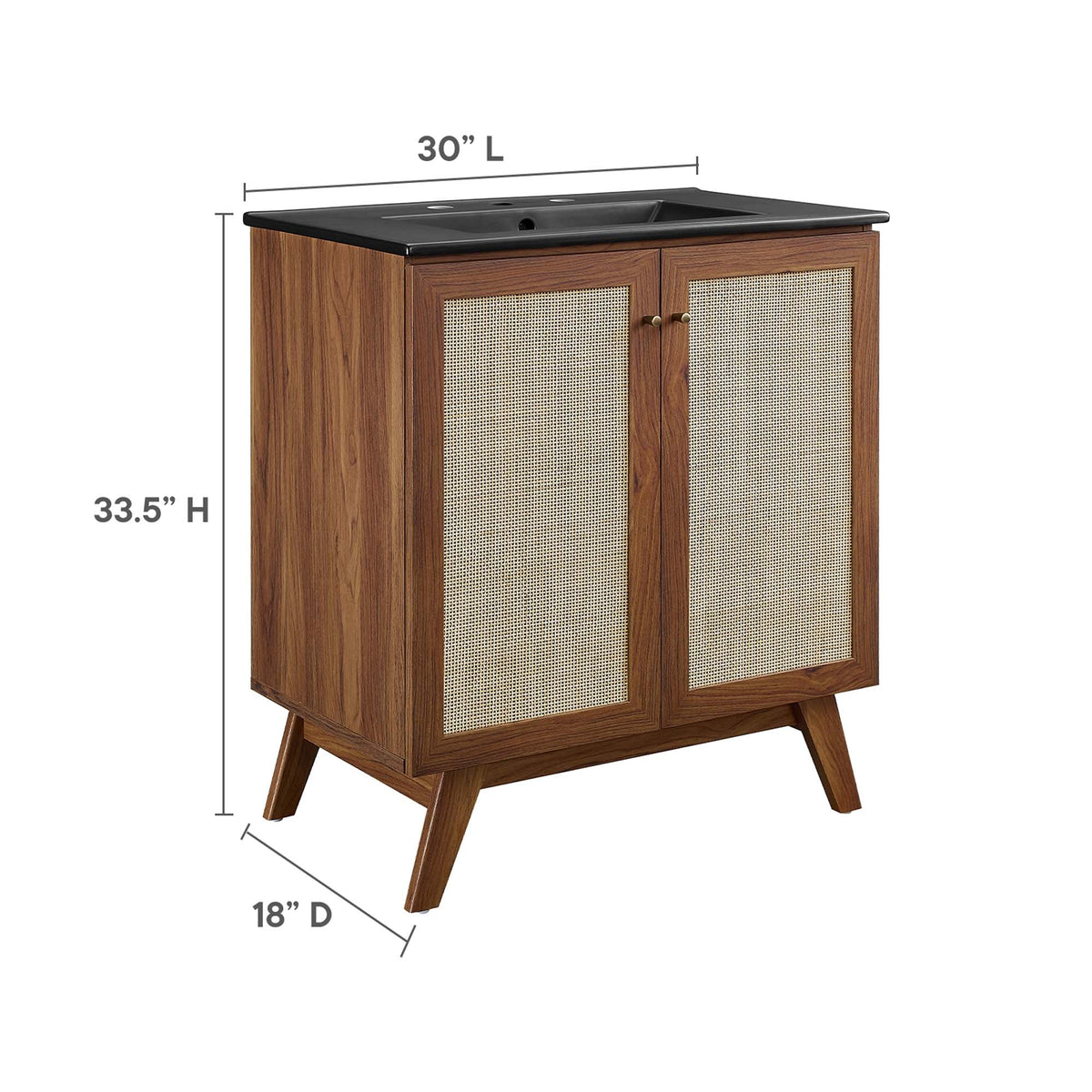 Soma bathroom vanity by Modway; table vanity with black countertop and cane-front doors on Tampa Home & Garden Store