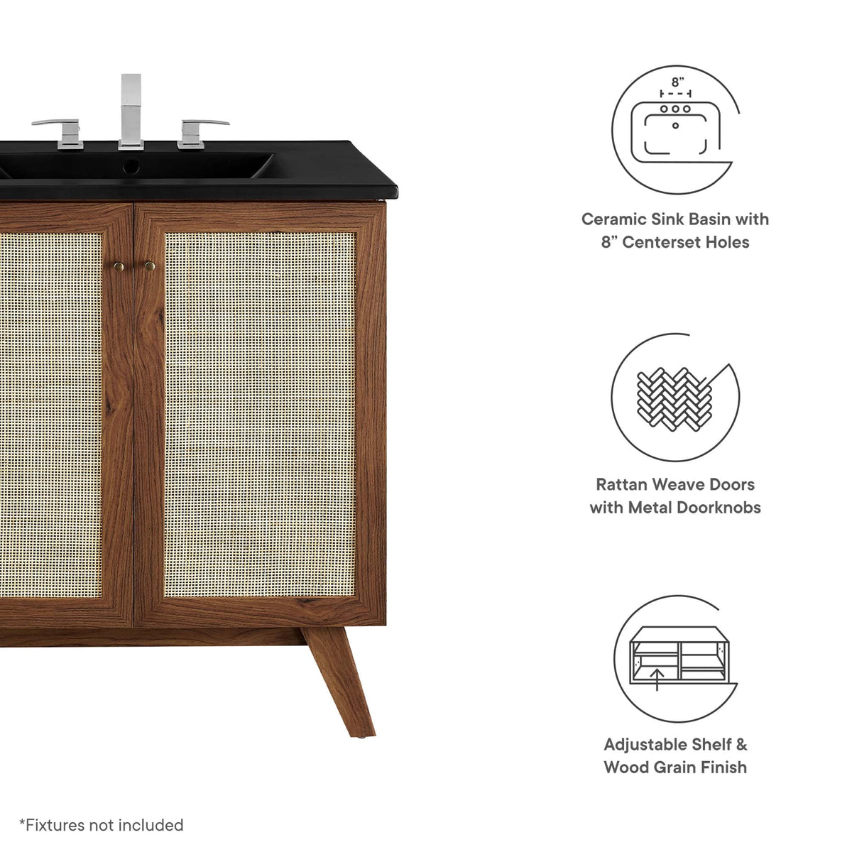 Soma bathroom vanity with black countertop, wood frame and rattan cabinet doors on Tampa Home & Garden Store