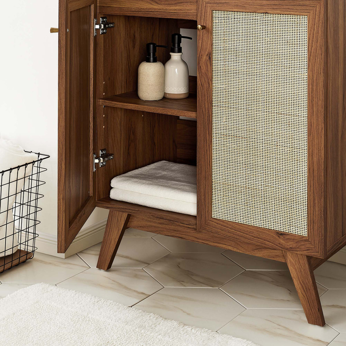 Soma Bathroom Vanity by Modway, walnut wood table vanity with woven cane doors, towels on shelf on Tampa Home & Garden Store