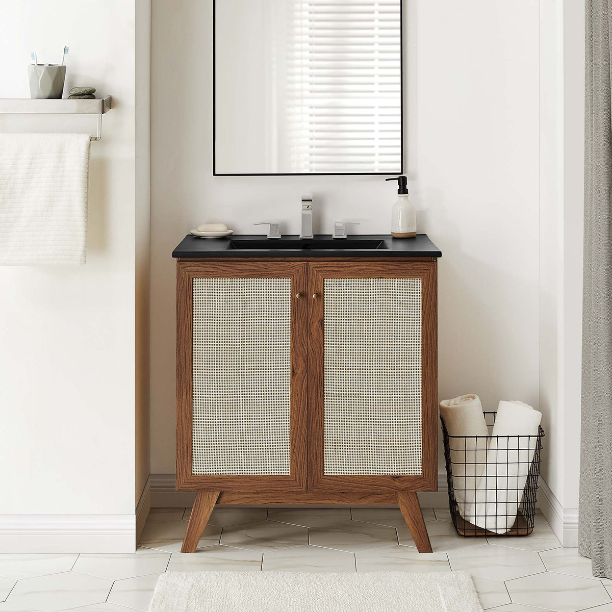 Soma Bathroom Vanity by Modway, wood vanity with black countertop and cane-front doors on Tampa Home & Garden Store