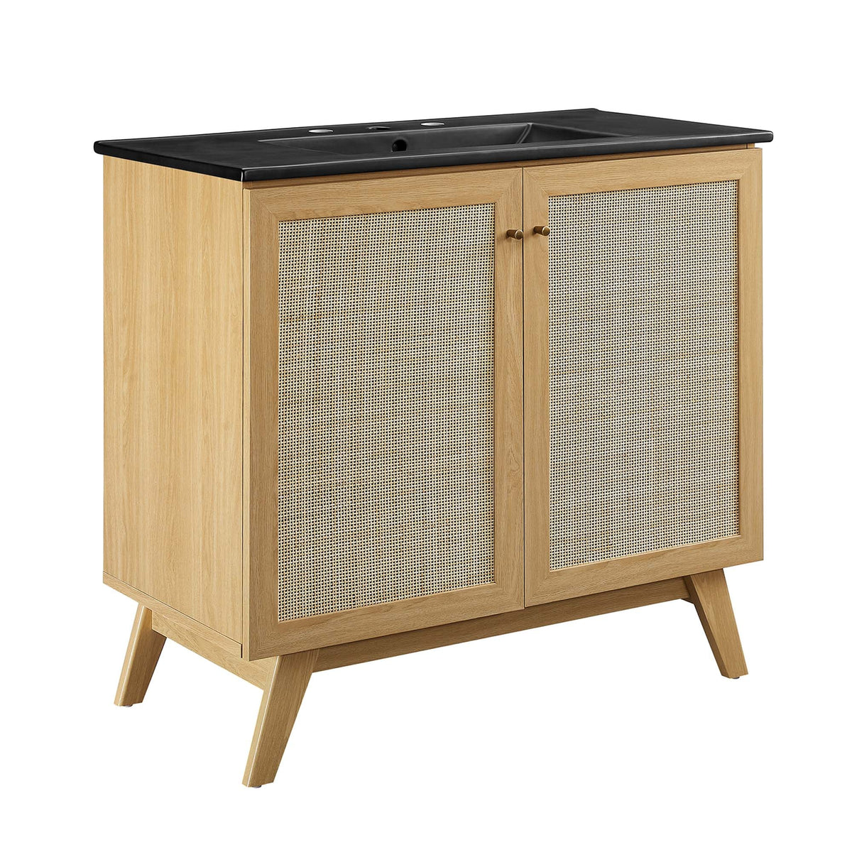 Soma Bathroom Vanity by Modway, natural oak with black countertop and woven cane doors on Tampa Home & Garden Store