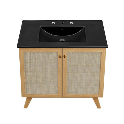 Soma vanity by Modway, black countertop with sink and 3 faucet holes, cane-front cabinet doors on Tampa Home & Garden Store