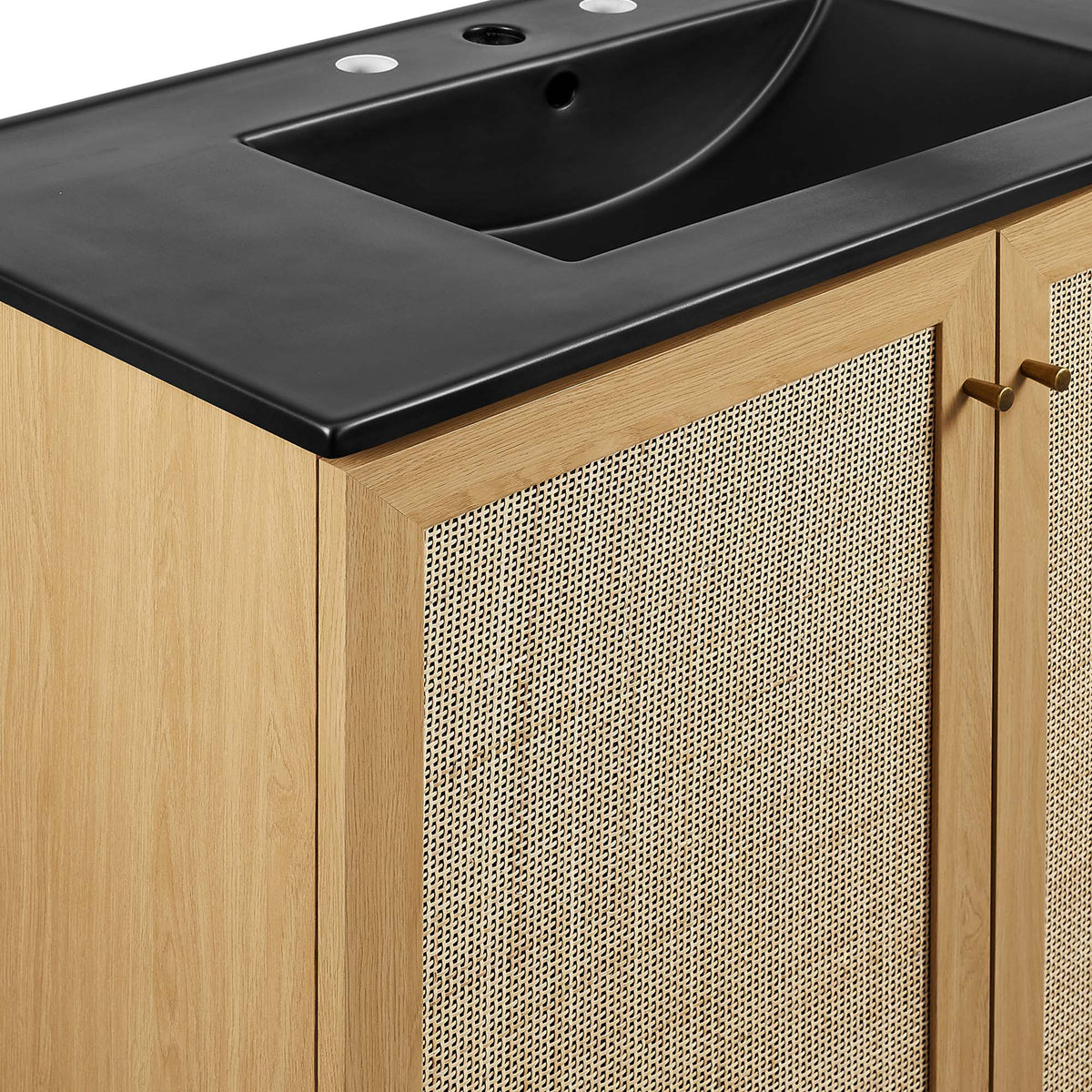 Soma bathroom vanity by Modway with black countertop, oak frame and woven cane panels on Tampa Home & Garden Store