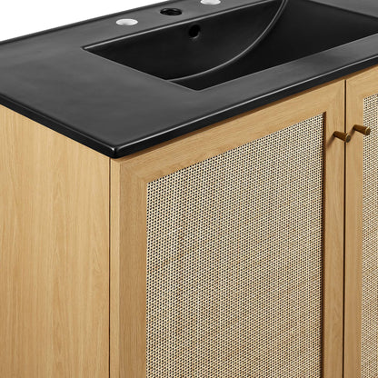 Soma bathroom vanity by Modway with black countertop, oak frame and woven cane panels on Tampa Home & Garden Store