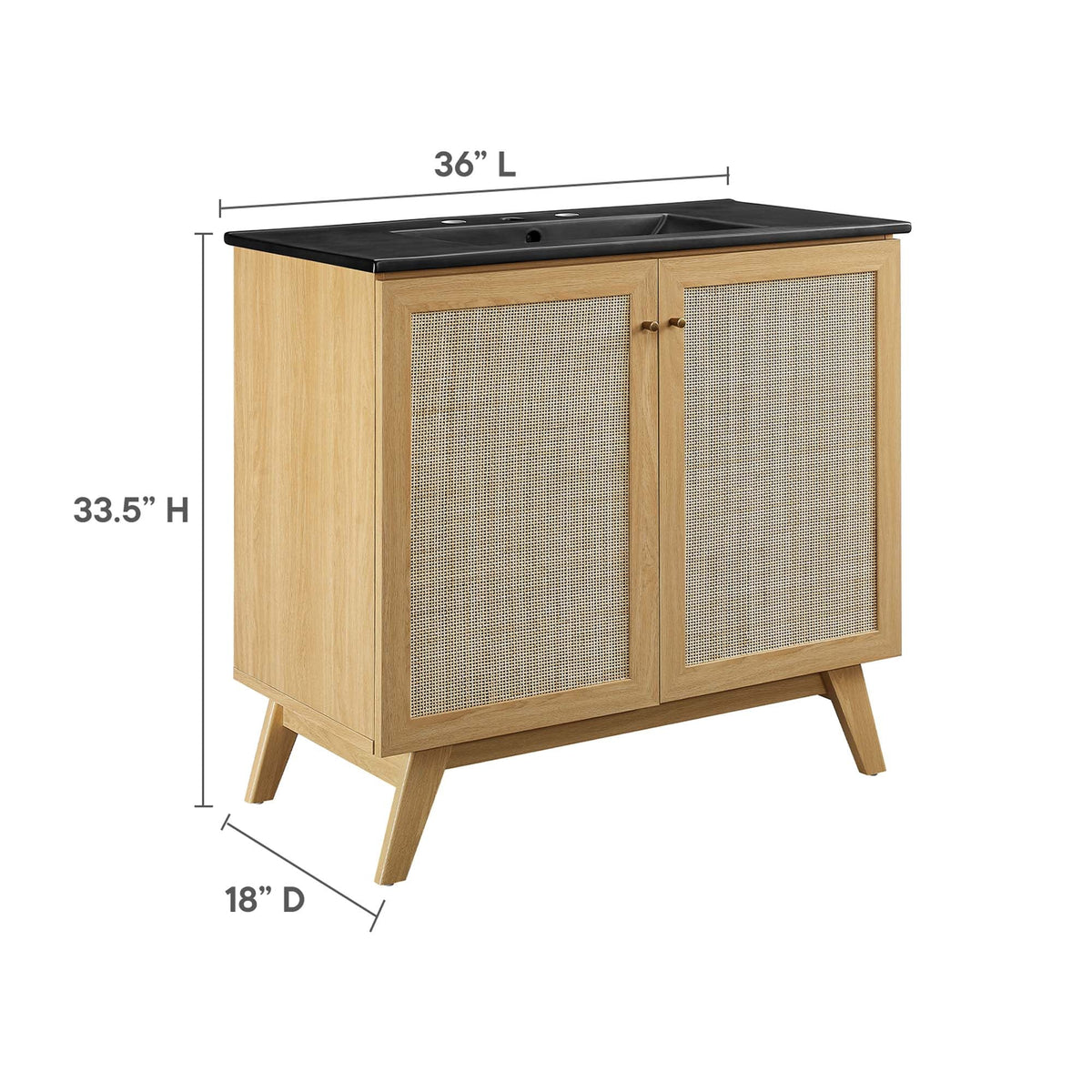 Modway Soma vanity; natural wood table vanity with black countertop and caned doors, 36in wide on Tampa Home & Garden Store