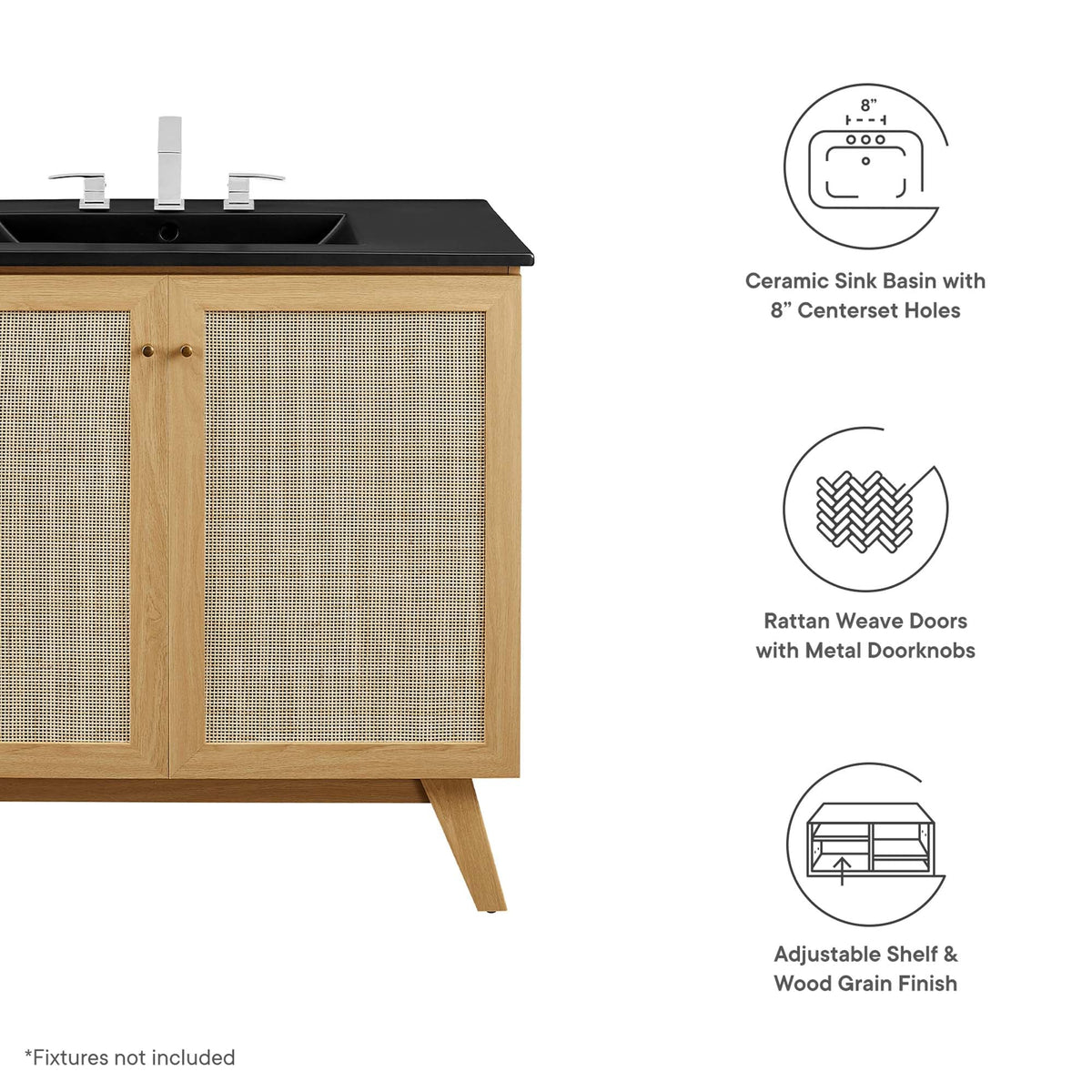 Soma Bathroom Vanity by Modway, natural wood frame with rattan woven doors and black countertop on Tampa Home & Garden Store