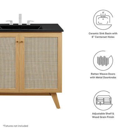 Soma Bathroom Vanity by Modway, natural wood frame with rattan woven doors and black countertop on Tampa Home & Garden Store
