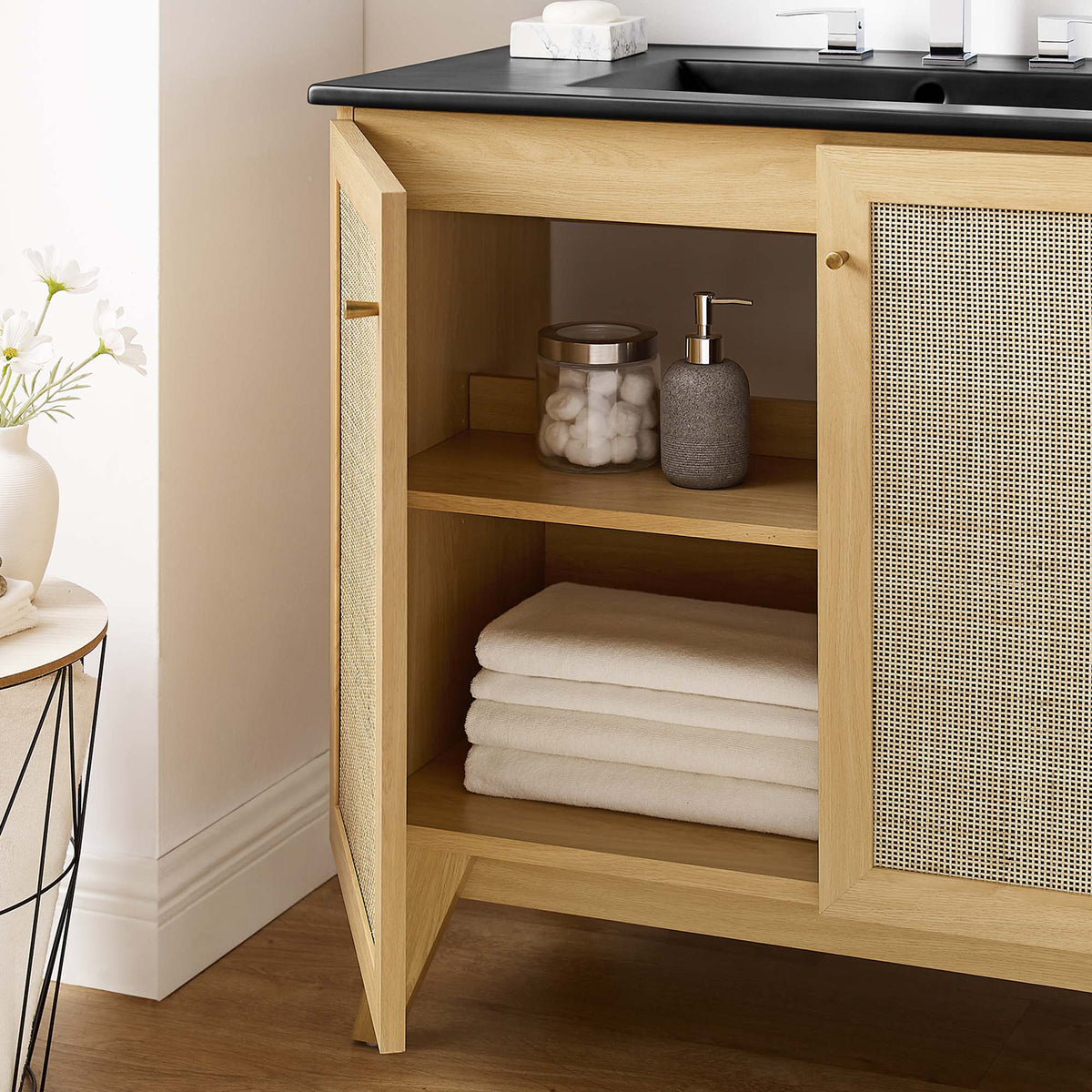 Soma Bathroom Vanity by Modway, oak table vanity with black countertop and cane doors on Tampa Home & Garden Store