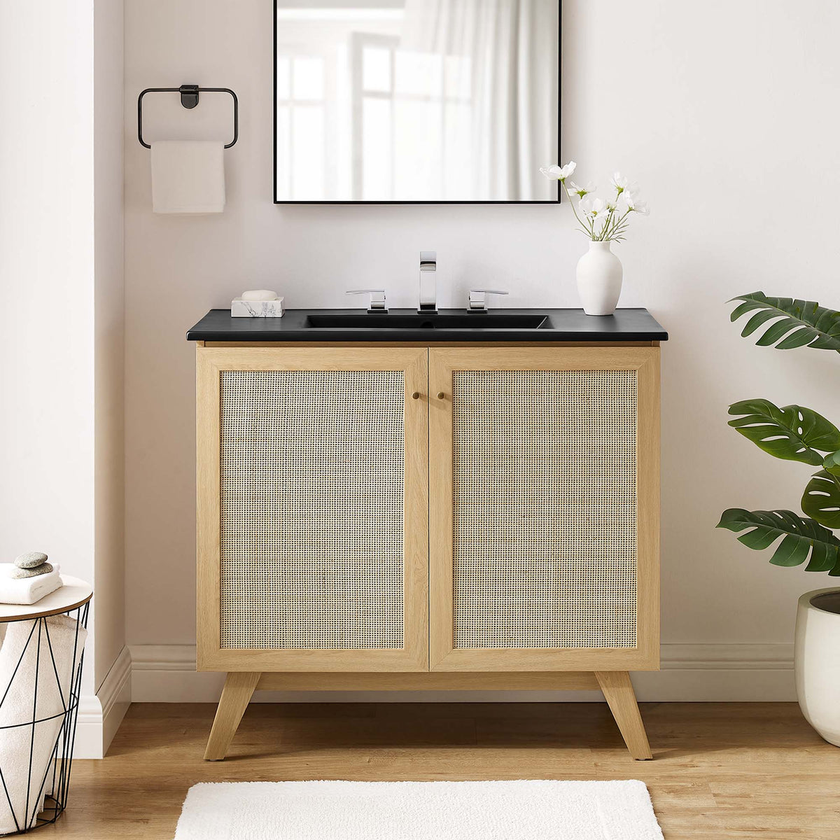 Soma Bathroom Vanity by Modway with black countertop and light oak cane-panel doors on Tampa Home & Garden Store