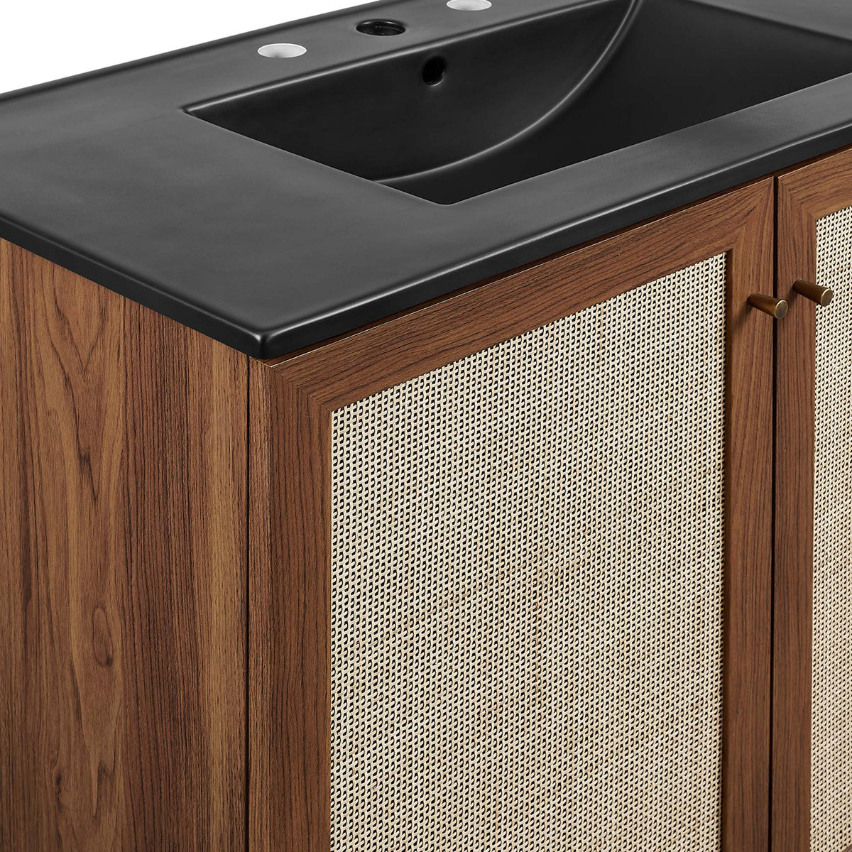 Soma bathroom vanity with black countertop and natural wood cabinet with cane-front panels on Tampa Home & Garden Store